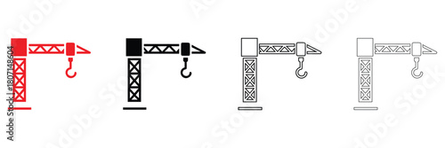 Construction crane icon vector set, crane icon with hook vector, silhouette and line art
