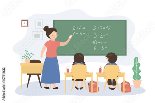 Teacher explains math. Students solves mathematical examples. Math lesson, smart students calculate. Education, learning process. Classroom.