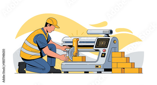 Construction worker operating cutting machine skillfully in a workshop environment showing process