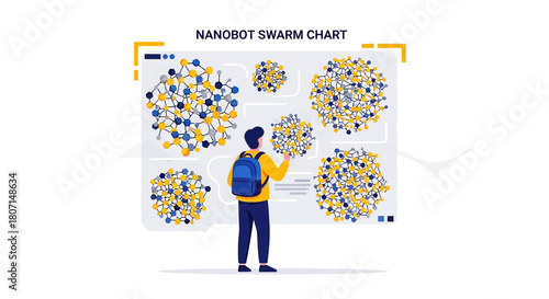 Conceptual nanotechnology research presentation involving molecule structures and connected networks
