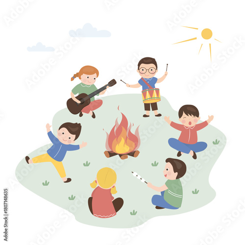 Summer Camp for kids. Happy girl with guitar and boy scout sing songs, roasting marshmallows. Classmates, team of scouts