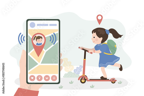 Kid ride kick scooter. Monitoring whereabouts of kid. Phone screen with geolocation tracking app. Parental control and protection.