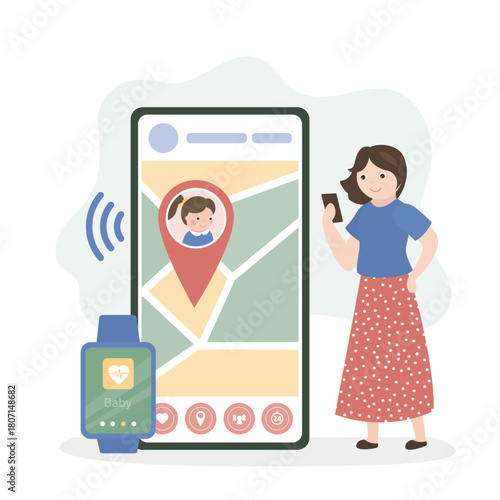 Kid girl walking on street. Monitoring whereabouts of kid. Phone screen with geolocation tracking app. Parental control and protection.