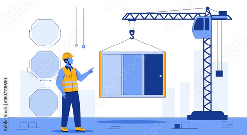 Construction worker oversees the crane lifting a modular unit on a building site illustration