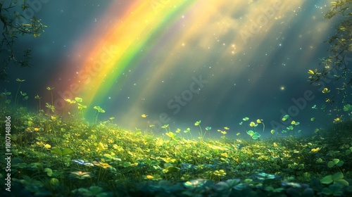 Enchanting Rainbow Over Lush Clover Field
