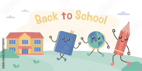 Back to school, ready to learn. funny characters going at school building. colorful school cartoon mascots - pencil, globe, textbook