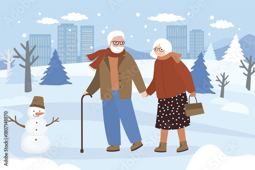 Lovely senior couple enjoying the walking. Old man and old woman going for walk in winter park or forest. Funny snowman and aged people. Flat design,