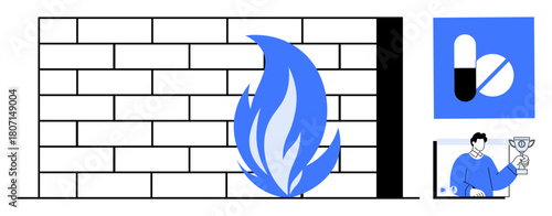 Blue flame over brick wall symbolizing firewall protection, pill icons for healthcare, and individual holding trophy representing achievement. Ideal for cybersecurity, healthcare, success themes