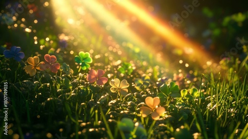 Colorful Flowers Illuminated By Golden Sunlight In Lush Grass
