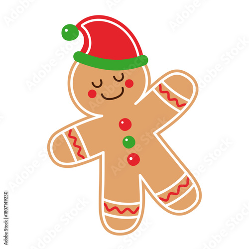 Sleeping cartoon gingerbread man in a red cap isolated on transparent background