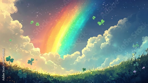 Rainbow Sky Over Lush Green Field With Clovers