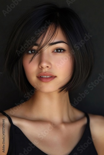 Wallpaper Mural Young woman posing for a studio portrait, showing a short dark bob haircut with side swept bangs. Natural beauty and confidence Torontodigital.ca