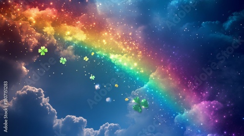Rainbow Sky With Sparkling Stars And Clovers
