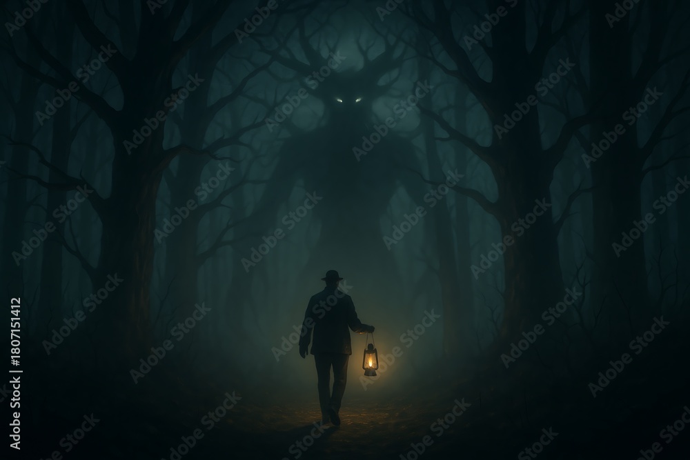 Fototapeta premium Man with Lantern Faces Shadowy Forest Monster in Foggy Woods