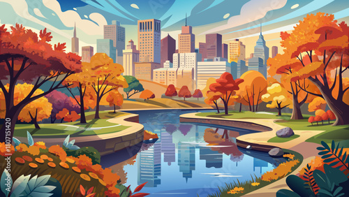 Very beautiful panoramic autumn view of Central Park in New York City, showcasing vibrant fall foliage, calm reflective waters, winding pathways, and the distant midtown skyline creating a serene seas