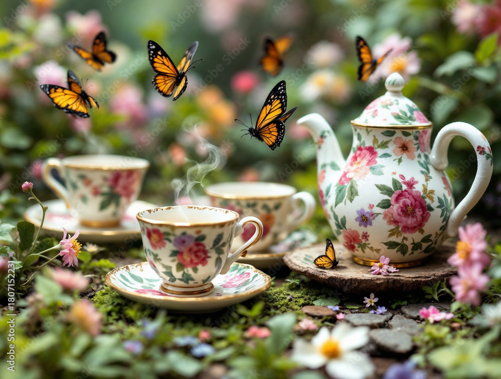 Fototapeta premium Whimsical Tea Party in a Floral Garden with Butterflies Teacups, Teapot, Flowers.