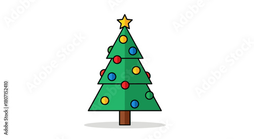 Festive decorated Christmas tree icon with colorful ornaments and a bright star, isolated on a white background for holiday projects