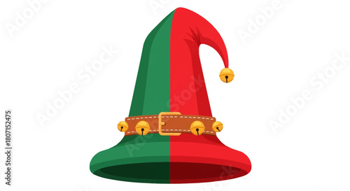 Festive red and green elf hat with golden bells and a brown leather belt, a classic holiday season accessory, perfect for Christmas celebrations and whimsical fantasy themes