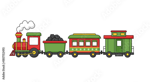 A vibrant cartoon locomotive pulling festive passenger carriages and a coal wagon, embarking on a whimsical journey, perfect for childhood adventures and holiday cheer