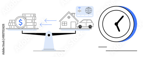 Scale balancing money with house and car representing assets, next to a clock. Ideal for finance, investment, time management, property planning, cost analysis, wealth management, simple flat