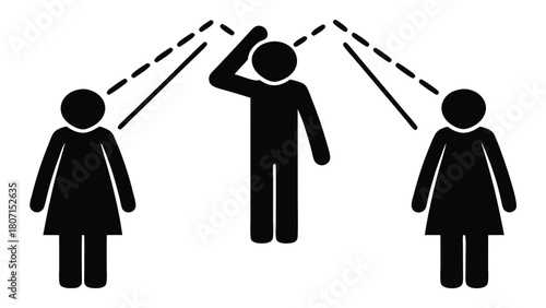 Simple Stick Figure Diagram Showing Communication Relay Between Two People via a Third Party, Isolated on White Background                            