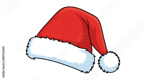 A classic red Santa hat with a white fluffy trim and a pom-pom, perfect for holiday celebrations and festive occasions
