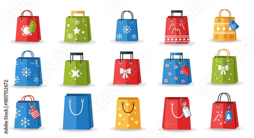 An array of colorful gift bags featuring cheerful designs and decorative elements, ideal for various celebrations, holidays, and thoughtful present packaging for loved ones