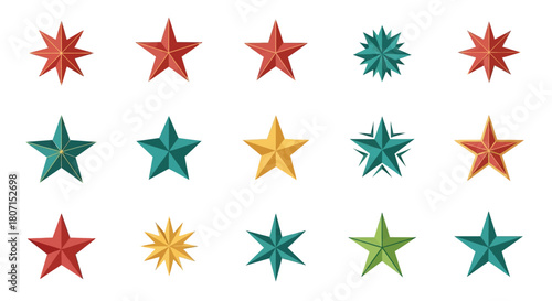A vibrant collection of colorful star icons and symbols in various geometric shapes, isolated on a white background. Set of decorative design elements for celebration and rating