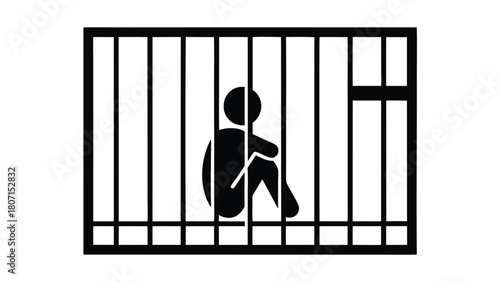 Minimalist Black and White Illustration of a Person Trapped Behind Bars, Isolated on a White Background                                               