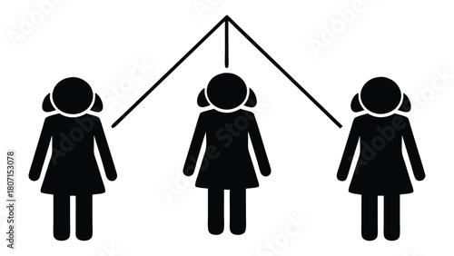 Stick Figure Women Connected by Lines: Network, Relationship, Dependency, or Shared Trait.  Icon isolated on White. Simple Black Pictogram.           