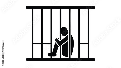 Abstract Silhouette: Person in Prison, Caged Figure Depicting Loneliness, Confinement and Mental Health Struggles, Isolated on White Background       