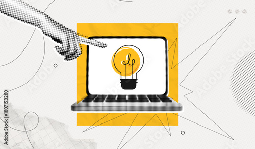 Trendy Halftone Collage Laptop and Hand with lightbulb. Creative mind or brainstorm. Online education and study. Business solutions. Think outside the box. Marketing time. Contemporary vector art