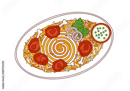 Illustration of Traditional Chicken Biryani with Raita and Spiced Garnish