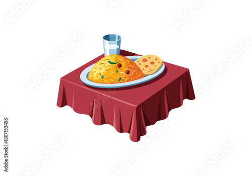Illustration of South Asian Meal with Yellow Rice and Papadum