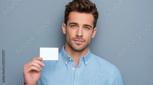 Attractive guy wearing blue shirt and holding white card