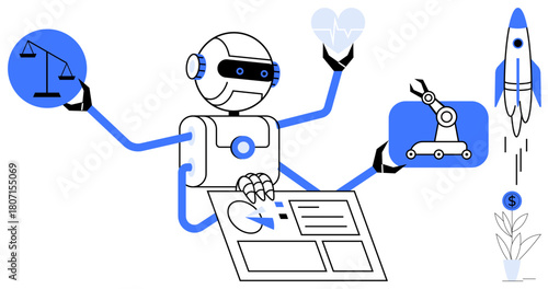 Robot using multiple arms to balance justice, technology, analytics, and innovation. Ideal for AI progress, automation, decision-making, tech balance futurism growth industry integration. Simple