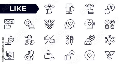 Like line icon set. Hand gesture thumbs up, favorite, positive, best, confirmation, approval and agreement.Outline icon collection.Conceptual pictogram and infographic.