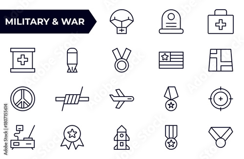 Military and War Icon Set. A powerful collection of icons representing defense and combat themes, perfect for enhancing educational materials, military websites, and historical projects.