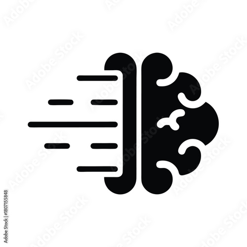 Abstract Vector Image of a Brain with Movement Lines in Black and White, Concept of Thinking, Speed, and Intelligence.                                