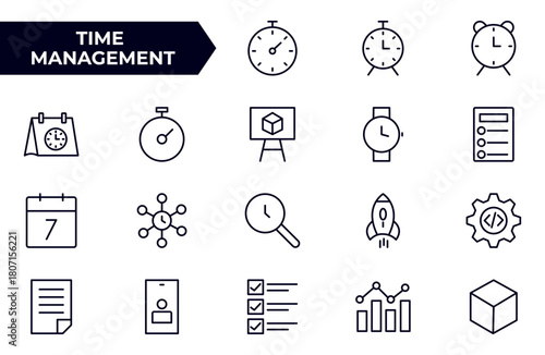 Time management icon set. Timer, alarm, schedule, hourglass, clock icons. Outline time and clock icon collection.