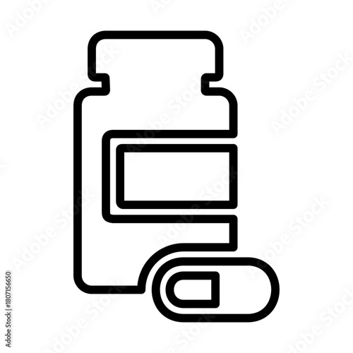 Simple black outline illustration of a medicine bottle and a single capsule.
