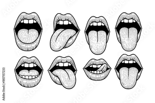 monochrome vector mouth in mezzotint photocopy effect, for grunge punk y2k collage design. lip and tongue talking retro elements. brutalist vintage illustration poster