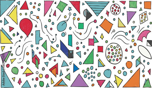 Seamless hand drawn memphis style geometric shapes and doodles on transparent background