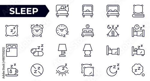 Sleep line icon set. Sleeping person, sleep, night rest, bed, pillow, sleeping pills, earplugs, moon, lullaby, bedtime story and more. Series outline icons. Vector pictogram collection.