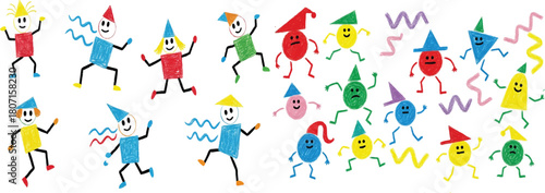 Hand drawn collection of cute scribble gnome characters wearing cone hats and geometric bodies.