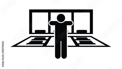 Icon Illustration: Airport Check-In with Passenger at the Ticket Counter, Black Silhouette                                                            