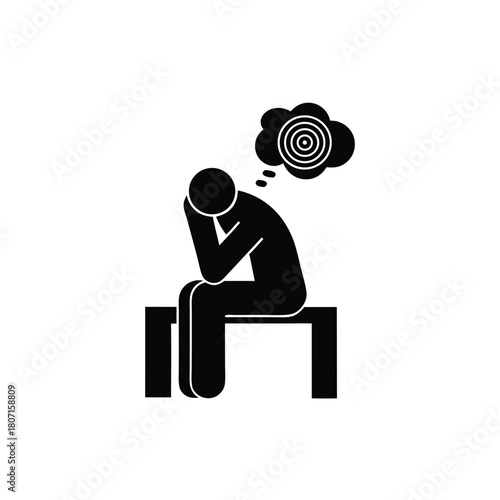 Despairing Figure Seated with Target Thought Bubble, in Black and White, Simple Icon Style                                                            