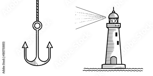 Elegant Black White Illustration Fish Hook Lighthouse | Clean, isolated vector art for creative projects.