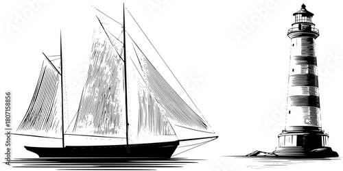 Vintage Nautical Charm - Sailboat Lighthouse | Clean, isolated vector art for creative projects.