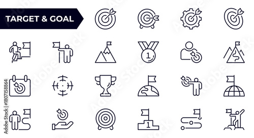 Target, goal line icon set. Success, achievement, mission, winner and more. Series in linear style. Outline icon collection